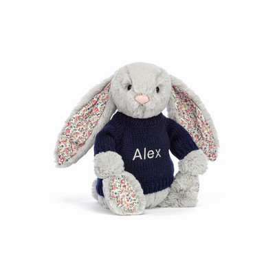 Jellycat Blossom Silver Bunny with Navy Jumper Australia | 851340DOJ